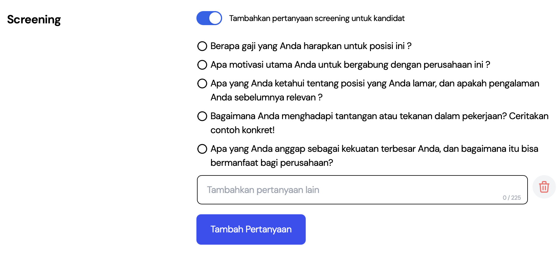 Tampilan pertanyaan screening LokerID